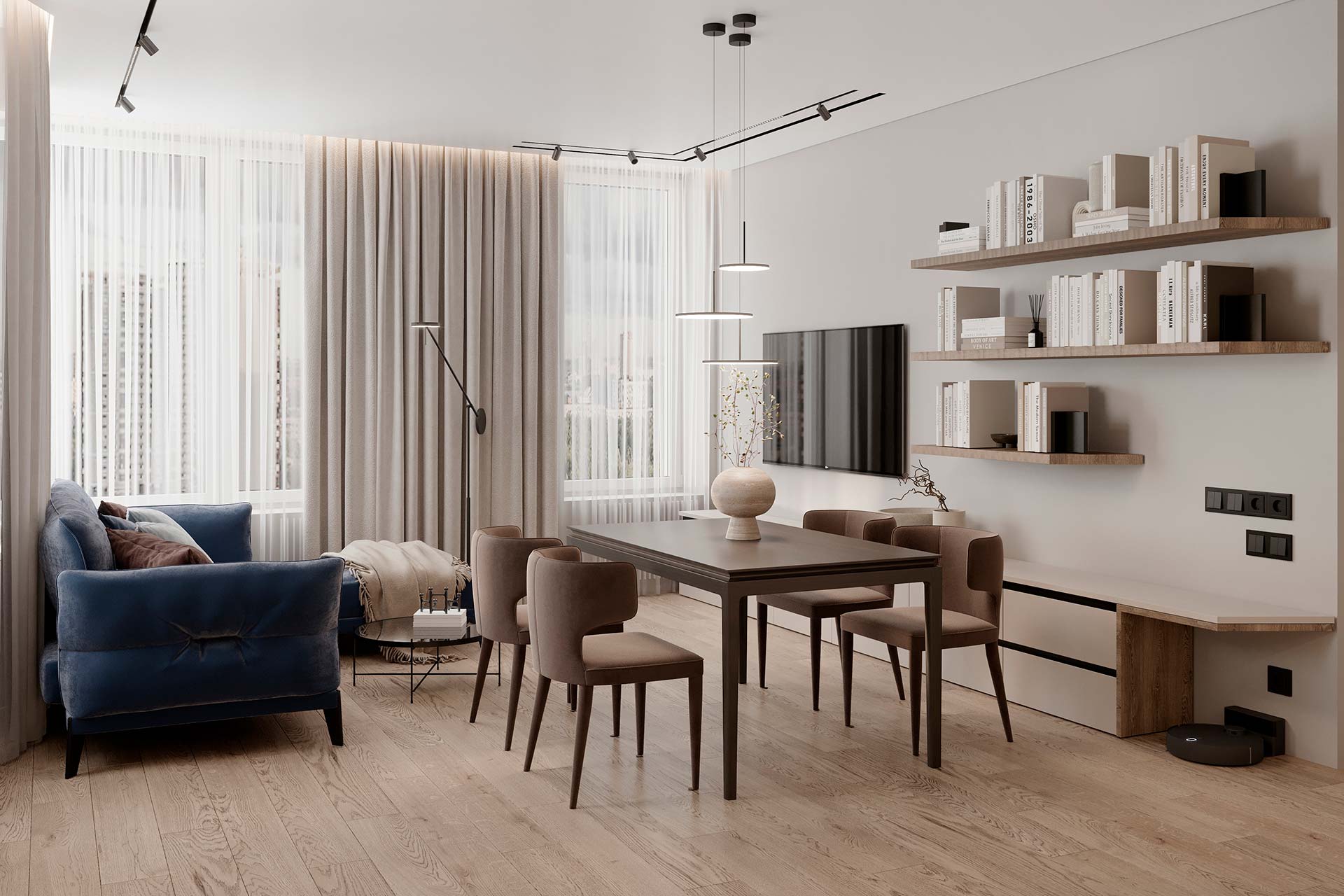 Furnished living room with grey sectional sofa