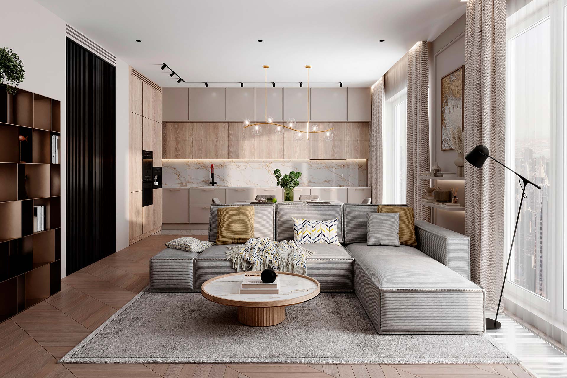 Open-plan living and kitchen with city view