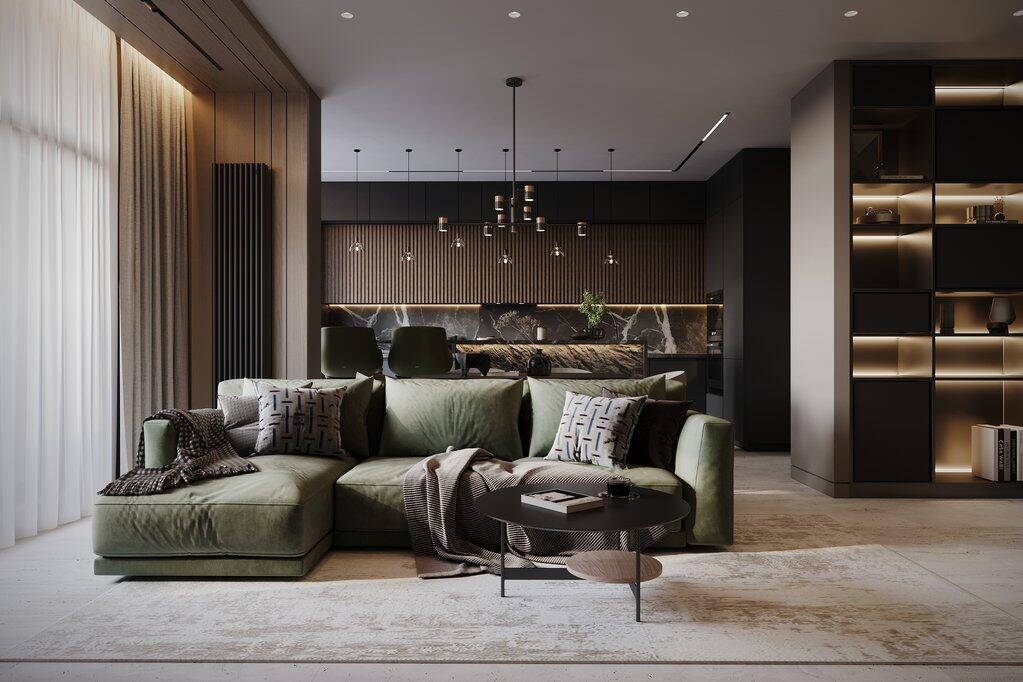 Dark living room with green velvet sectional