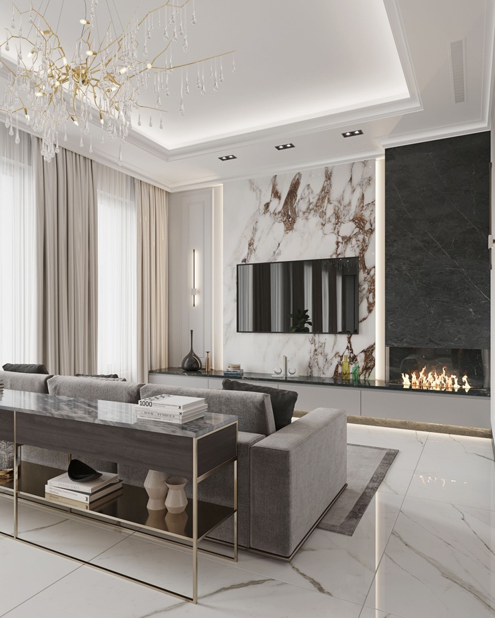 Classical living room with marble fireplace