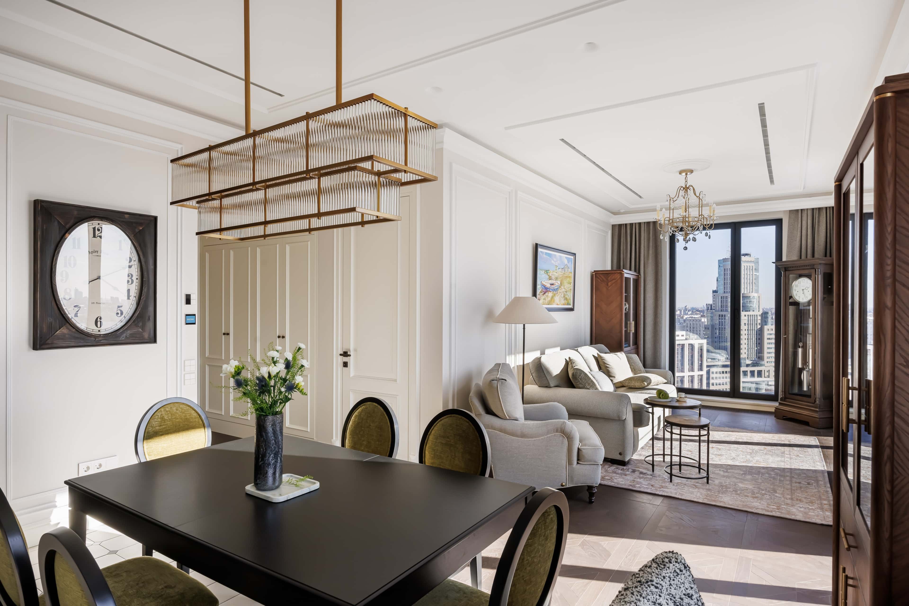 Classical living room with chandelier and dining