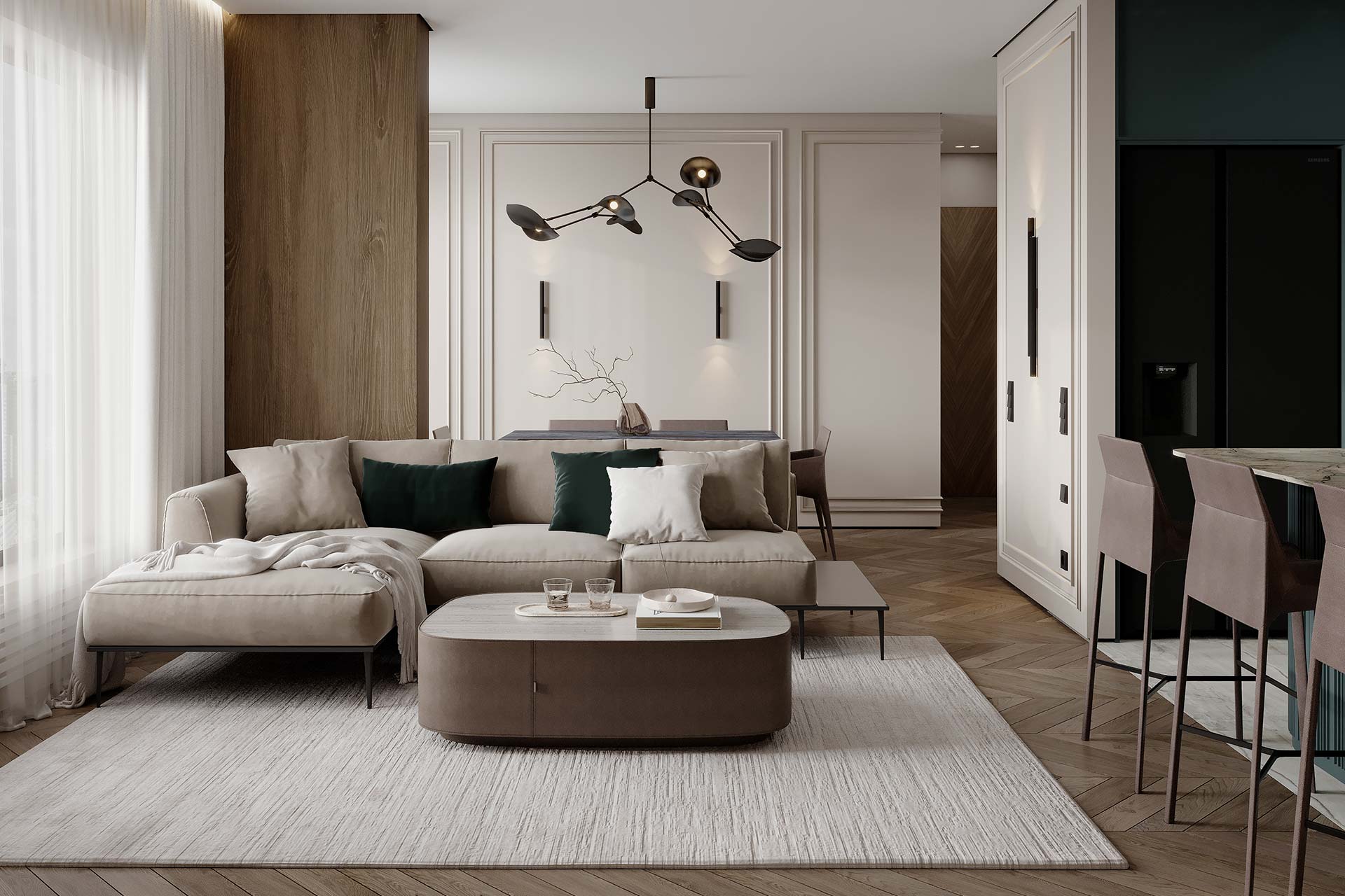 Modern living room with grey sectional, Moscow City