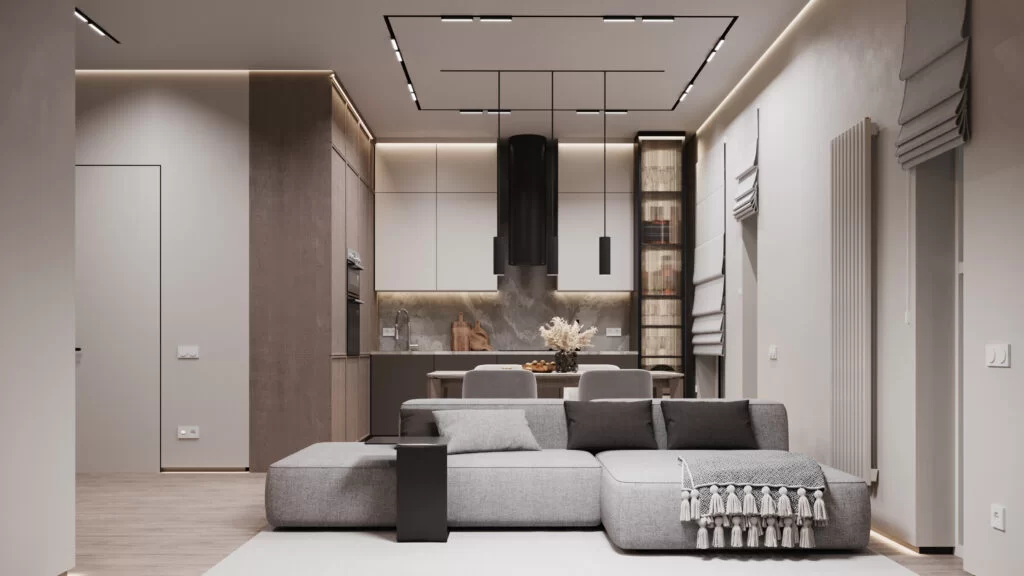 Open-plan living and kitchen with grey sectional, Patriarshie
